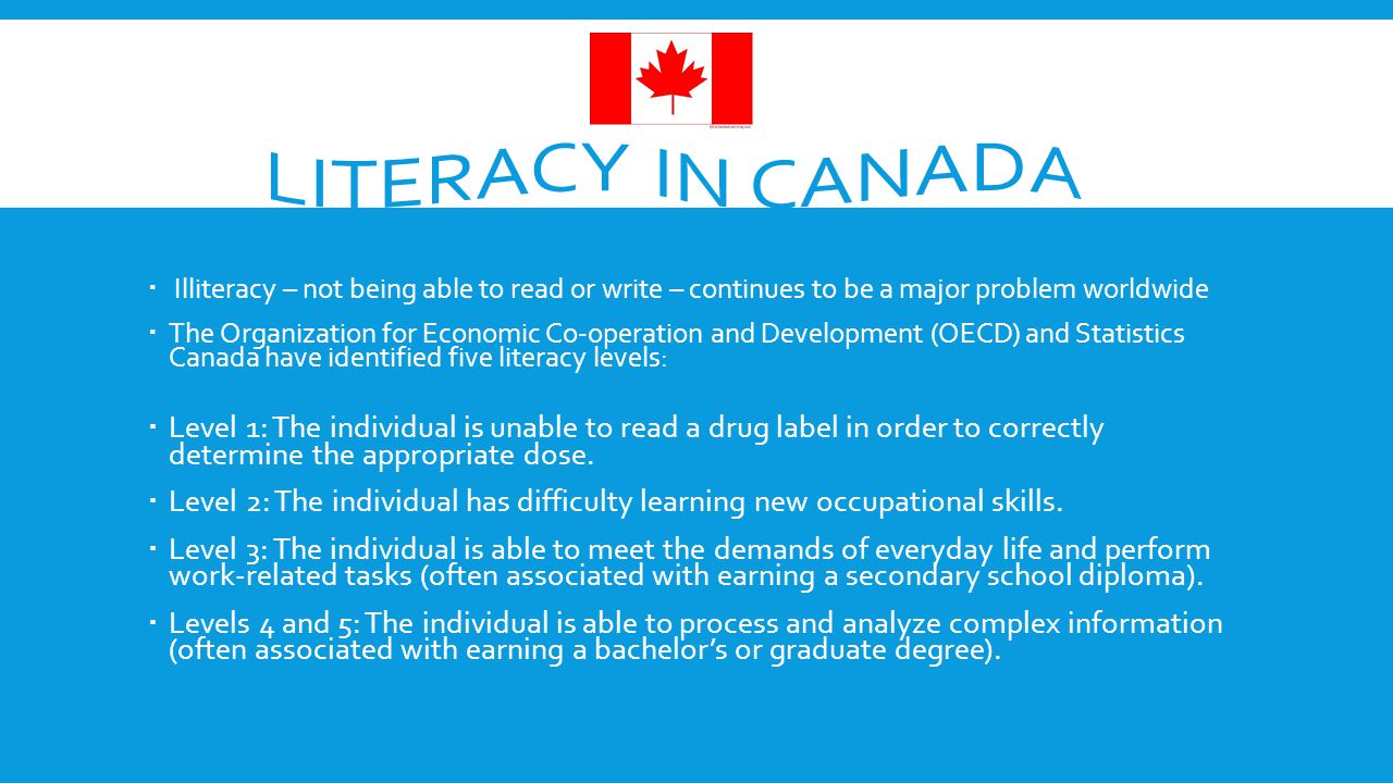  Illiteracy – not being able to read or write – continues to be a major problem worldwide  The Organization for Economic Co-operation and Development (OECD) and Statistics Canada have identified five literacy levels:  Level 1: The individual is unable to read a drug label in order to correctly determine the appropriate dose.