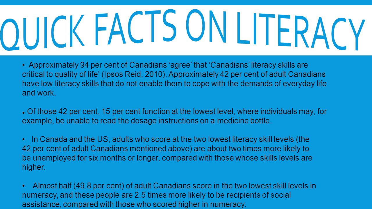 Approximately 94 per cent of Canadians ‘agree’ that ‘Canadians’ literacy skills are critical to quality of life’ (Ipsos Reid, 2010).