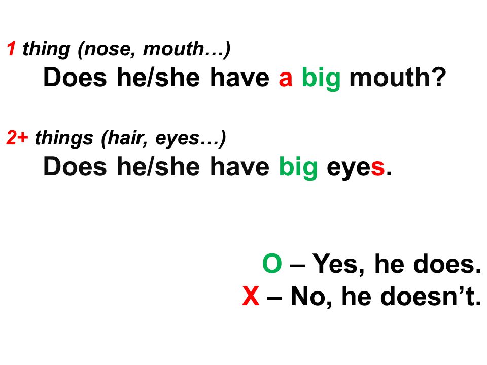 1 thing (nose, mouth…) Does he/she have a big mouth.