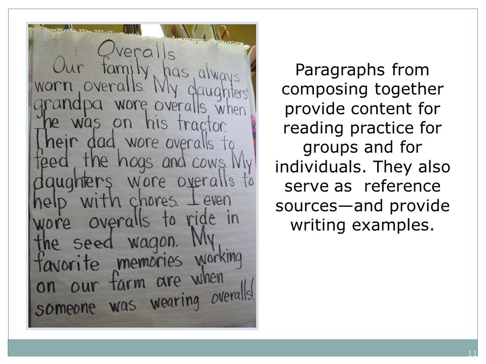 11 Paragraphs from composing together provide content for reading practice for groups and for individuals.