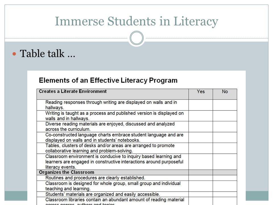 Immerse Students in Literacy Table talk …