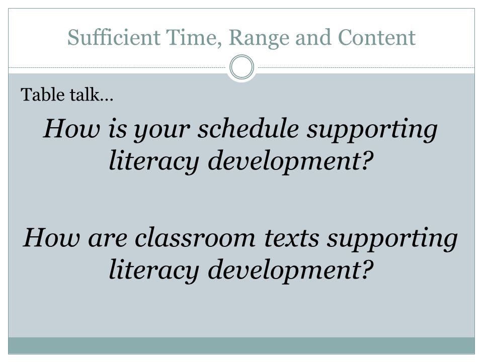 Sufficient Time, Range and Content Table talk… How is your schedule supporting literacy development.