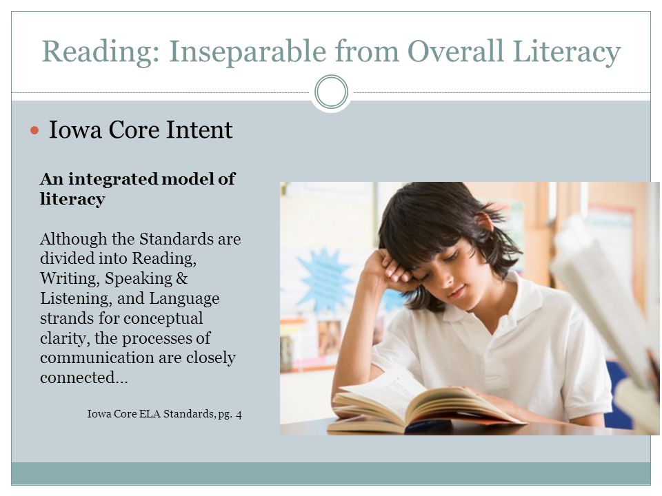 Reading: Inseparable from Overall Literacy Iowa Core Intent An integrated model of literacy Although the Standards are divided into Reading, Writing, Speaking & Listening, and Language strands for conceptual clarity, the processes of communication are closely connected… Iowa Core ELA Standards, pg.