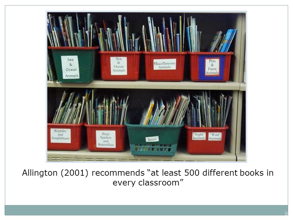 8 Allington (2001) recommends at least 500 different books in every classroom