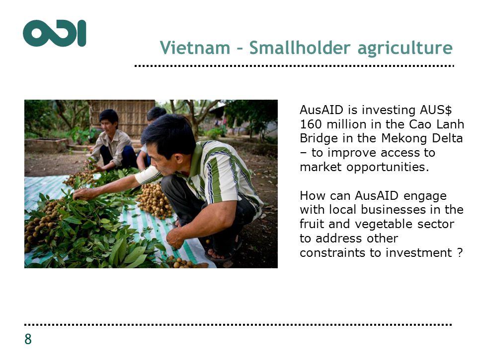 Vietnam – Smallholder agriculture 8 AusAID is investing AUS$ 160 million in the Cao Lanh Bridge in the Mekong Delta – to improve access to market opportunities.
