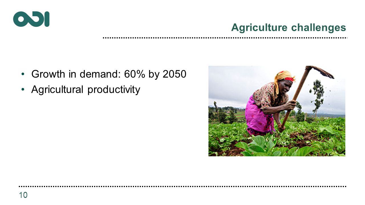 Agriculture challenges 10 Growth in demand: 60% by 2050 Agricultural productivity