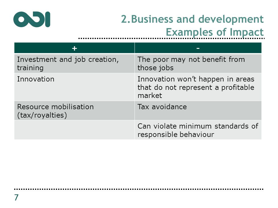 2.Business and development Examples of Impact 7 +- Investment and job creation, training The poor may not benefit from those jobs InnovationInnovation won’t happen in areas that do not represent a profitable market Resource mobilisation (tax/royalties) Tax avoidance Can violate minimum standards of responsible behaviour