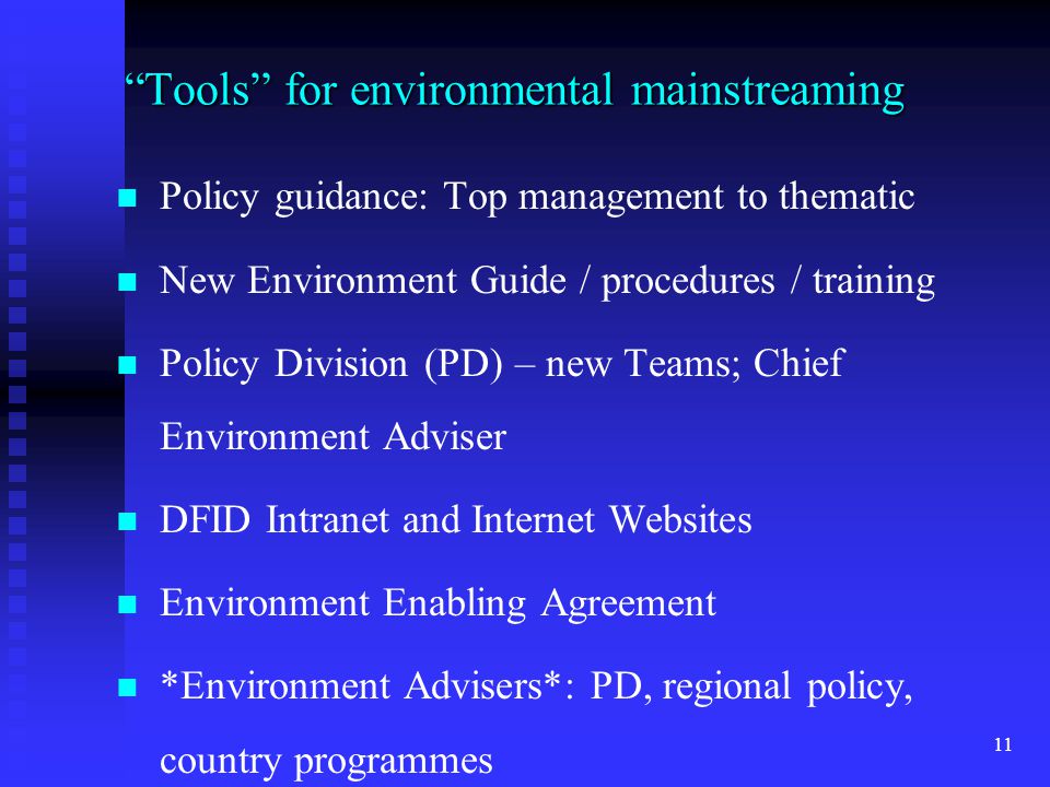 11 Tools for environmental mainstreaming Policy guidance: Top management to thematic New Environment Guide / procedures / training Policy Division (PD) – new Teams; Chief Environment Adviser DFID Intranet and Internet Websites Environment Enabling Agreement *Environment Advisers*: PD, regional policy, country programmes