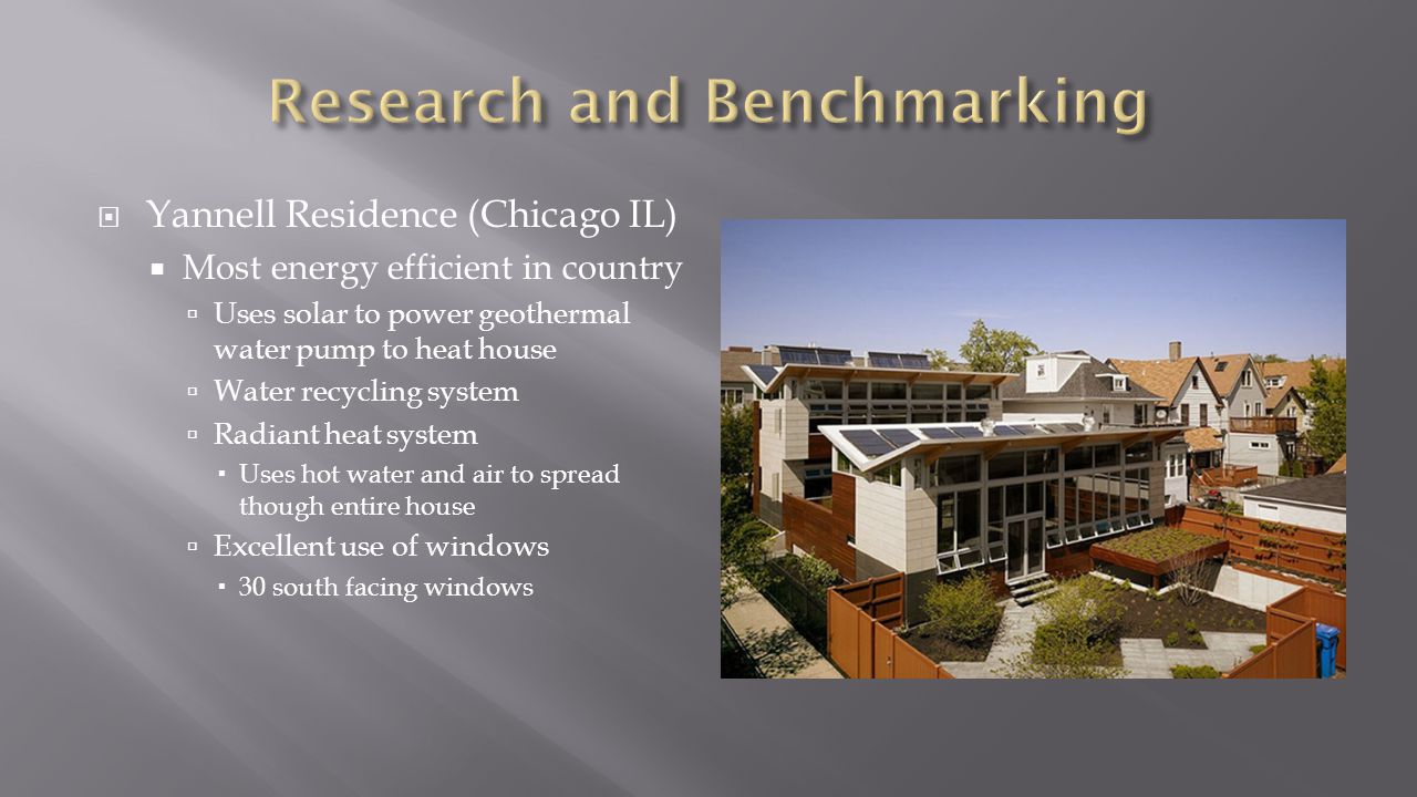  Yannell Residence (Chicago IL)  Most energy efficient in country  Uses solar to power geothermal water pump to heat house  Water recycling system  Radiant heat system  Uses hot water and air to spread though entire house  Excellent use of windows  30 south facing windows