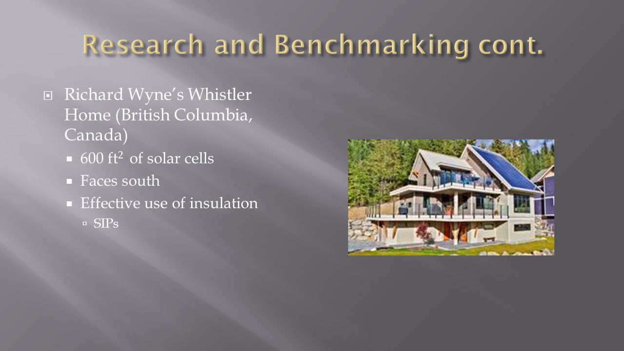  Richard Wyne’s Whistler Home (British Columbia, Canada)  600 ft 2 of solar cells  Faces south  Effective use of insulation  SIPs