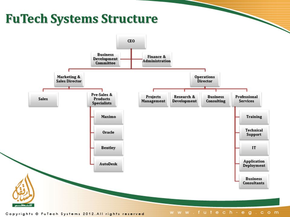 FuTech Systems Structure CEO Marketing & Sales Director Pre-Sales & Products Specialists Maximo Oracle Bentley AutoDesk Sales Operations Director Professional Services Training Technical Support IT Application Deployment Business Consultants Research & Development Business Consulting Projects Management Business Development Committee Finance & Administration