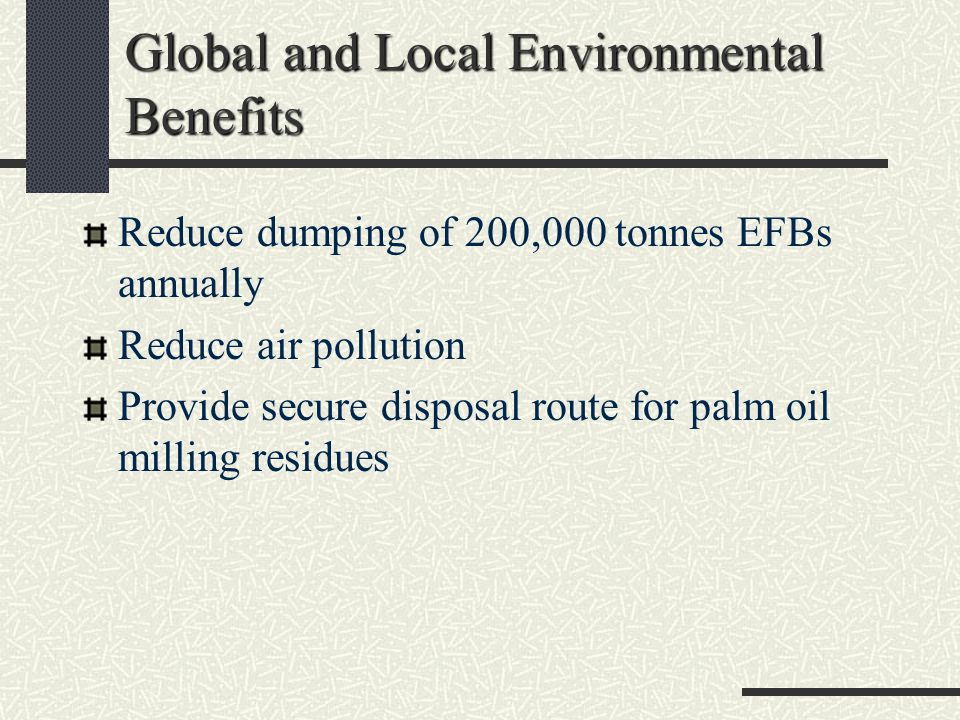 Global and Local Environmental Benefits Reduce dumping of 200,000 tonnes EFBs annually Reduce air pollution Provide secure disposal route for palm oil milling residues