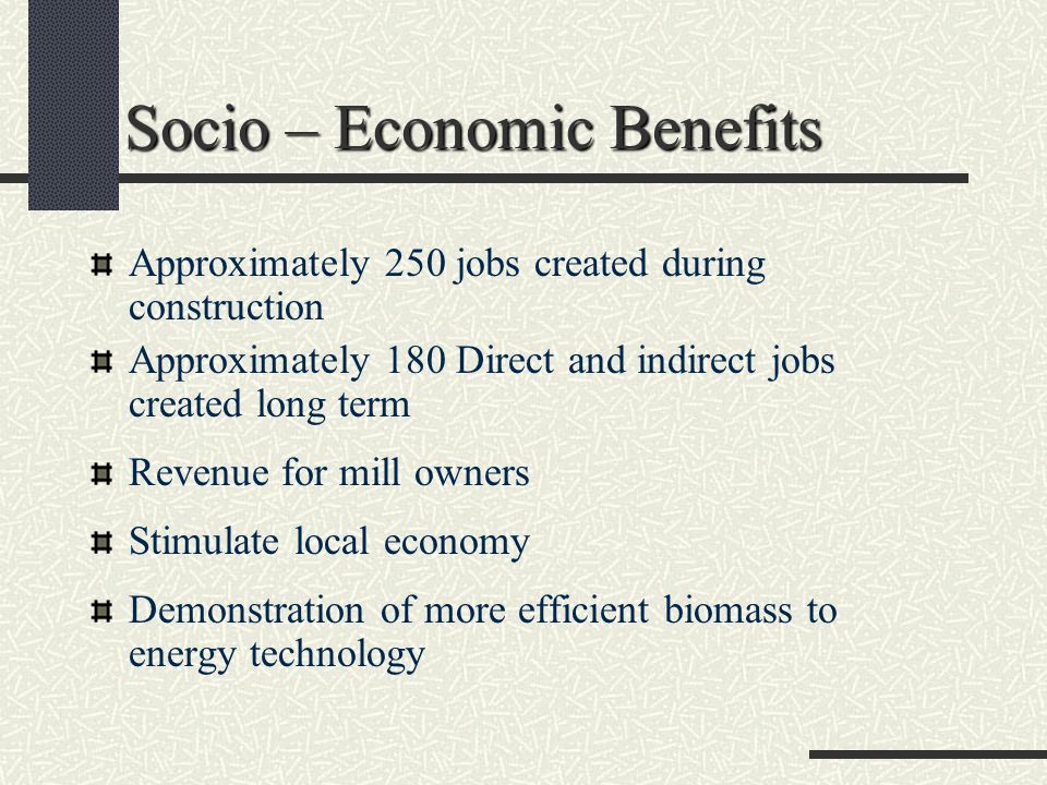 Socio – Economic Benefits Approximately 250 jobs created during construction Approximately 180 Direct and indirect jobs created long term Revenue for mill owners Stimulate local economy Demonstration of more efficient biomass to energy technology