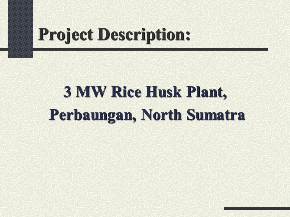 Project Description: 3 MW Rice Husk Plant, Perbaungan, North Sumatra Perbaungan, North Sumatra