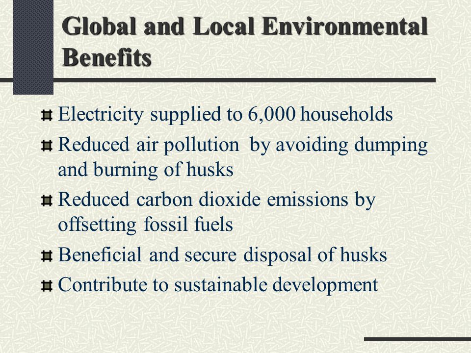 Global and Local Environmental Benefits Electricity supplied to 6,000 households Reduced air pollution by avoiding dumping and burning of husks Reduced carbon dioxide emissions by offsetting fossil fuels Beneficial and secure disposal of husks Contribute to sustainable development