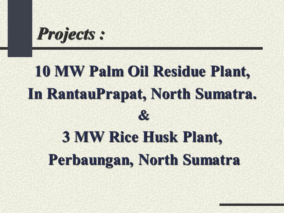 Projects : 10 MW Palm Oil Residue Plant, In RantauPrapat, North Sumatra.