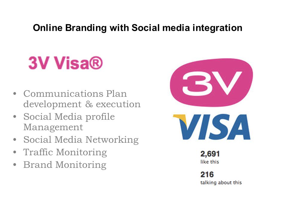 Online Branding with Social media integration Communications Plan development & execution Social Media profile Management Social Media Networking Traffic Monitoring Brand Monitoring