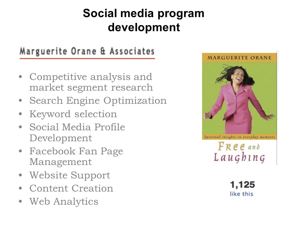 Social media program development Competitive analysis and market segment research Search Engine Optimization Keyword selection Social Media Profile Development Facebook Fan Page Management Website Support Content Creation Web Analytics