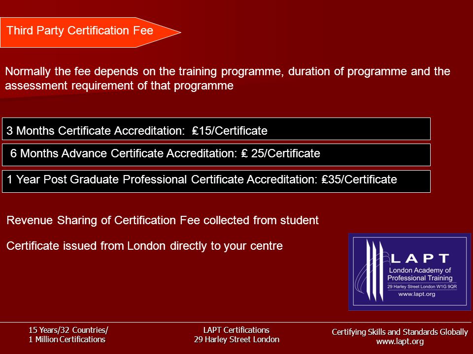Certifying Skills and Standards Globally   15 Years/32 Countries/ 1 Million Certifications LAPT Certifications 29 Harley Street London Third Party Certification Fee Normally the fee depends on the training programme, duration of programme and the assessment requirement of that programme 3 Months Certificate Accreditation: ₤15/Certificate Certificate issued from London directly to your centre Revenue Sharing of Certification Fee collected from student 1 Year Post Graduate Professional Certificate Accreditation: ₤35/Certificate 6 Months Advance Certificate Accreditation: ₤ 25/Certificate
