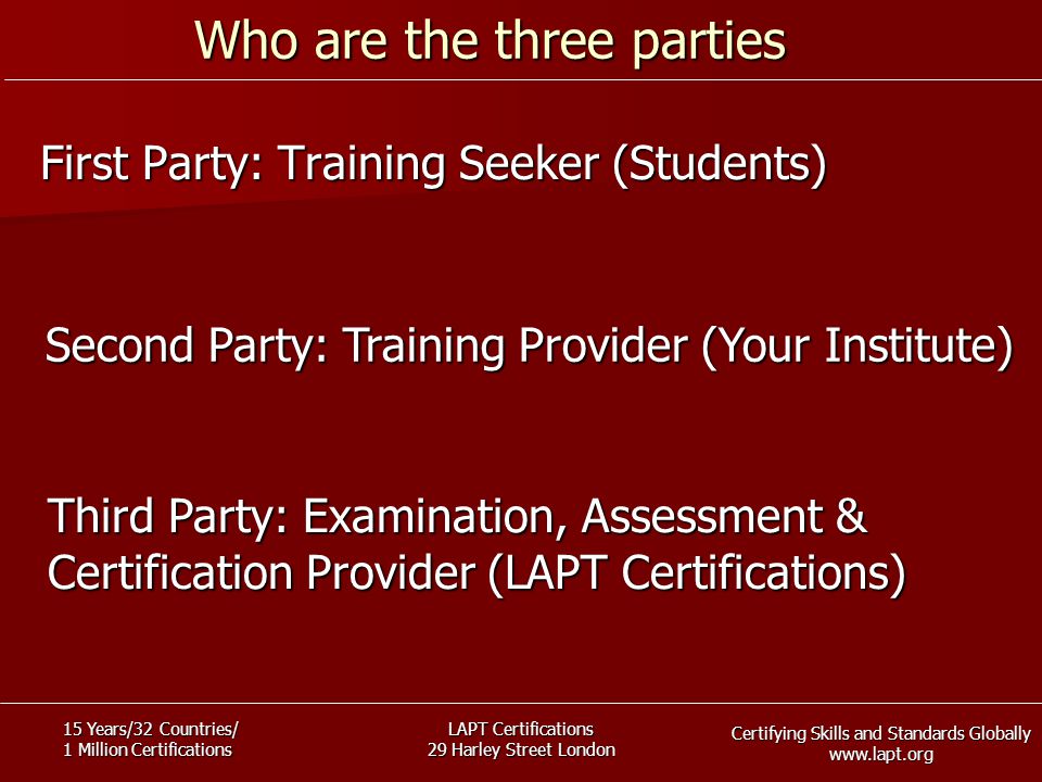Certifying Skills and Standards Globally   15 Years/32 Countries/ 1 Million Certifications LAPT Certifications 29 Harley Street London Who are the three parties First Party: Training Seeker (Students) First Party: Training Seeker (Students) Second Party: Training Provider (Your Institute) Third Party: Examination, Assessment & Certification Provider (LAPT Certifications)
