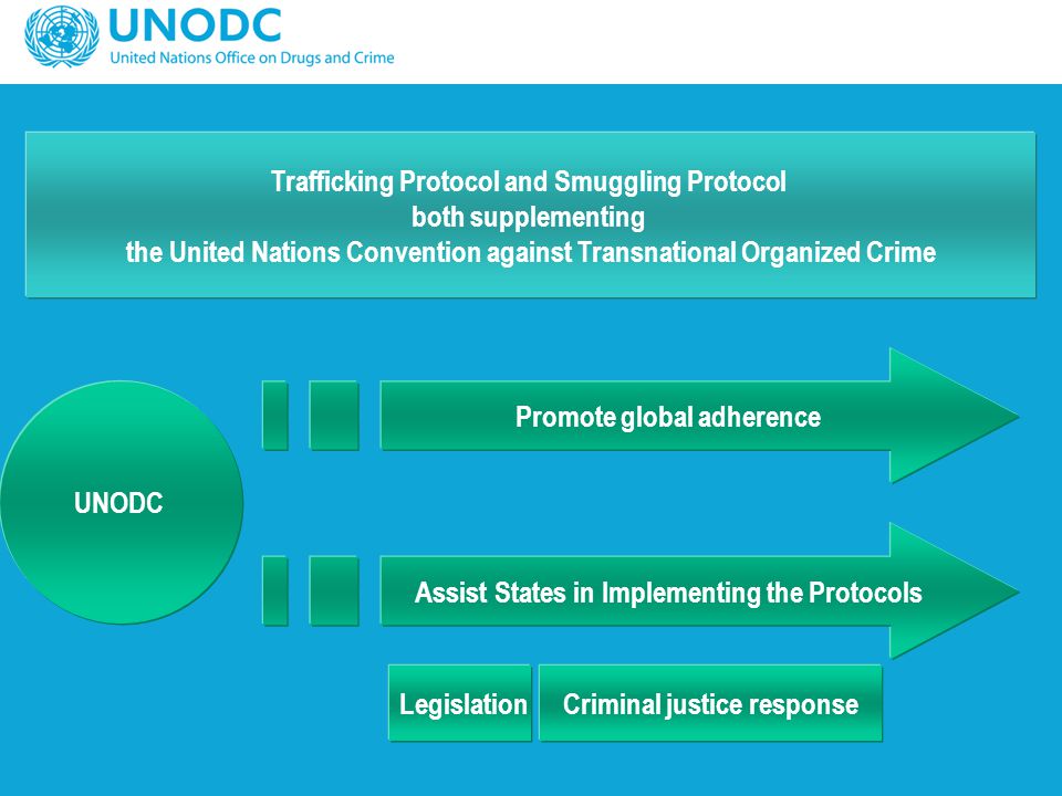 Trafficking Protocol and Smuggling Protocol both supplementing the United Nations Convention against Transnational Organized Crime UNODC Promote global adherence Assist States in Implementing the Protocols LegislationCriminal justice response