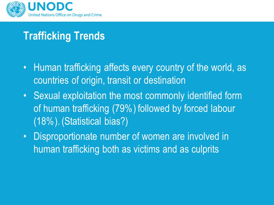 Trafficking Trends Human trafficking affects every country of the world, as countries of origin, transit or destination Sexual exploitation the most commonly identified form of human trafficking (79%) followed by forced labour (18%).