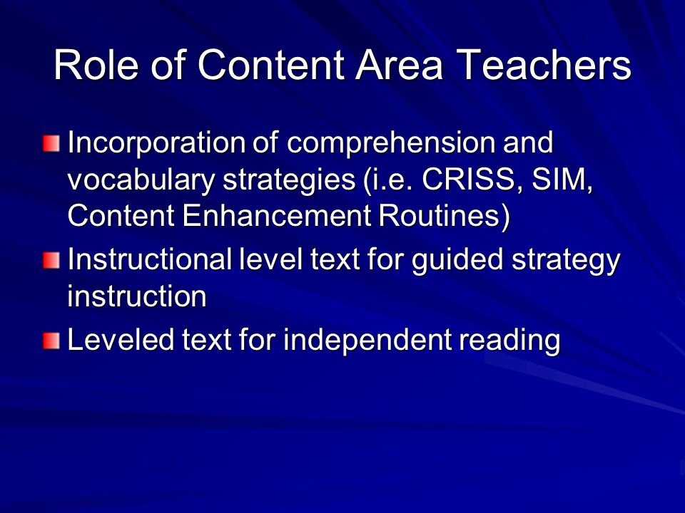 Effective Instructional Principles Embedded in Content Reading instruction using content texts Reinforcement of instruction in content area classes Coordinated with other subject area teachers and the reading coach Teach reading and writing practices specific to subject areas