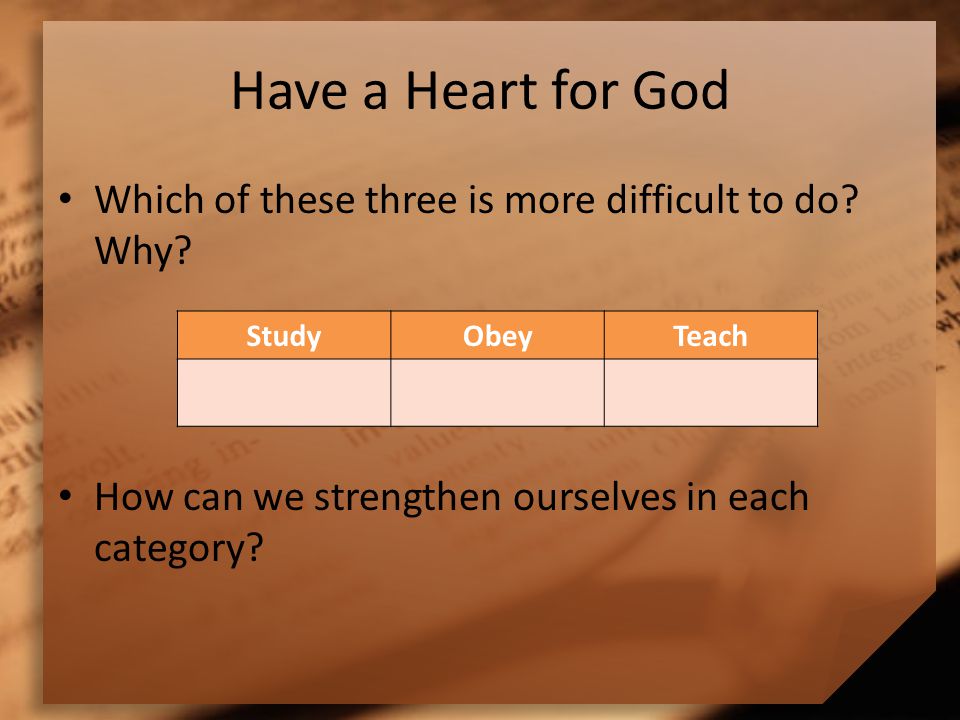 Have a Heart for God Which of these three is more difficult to do.
