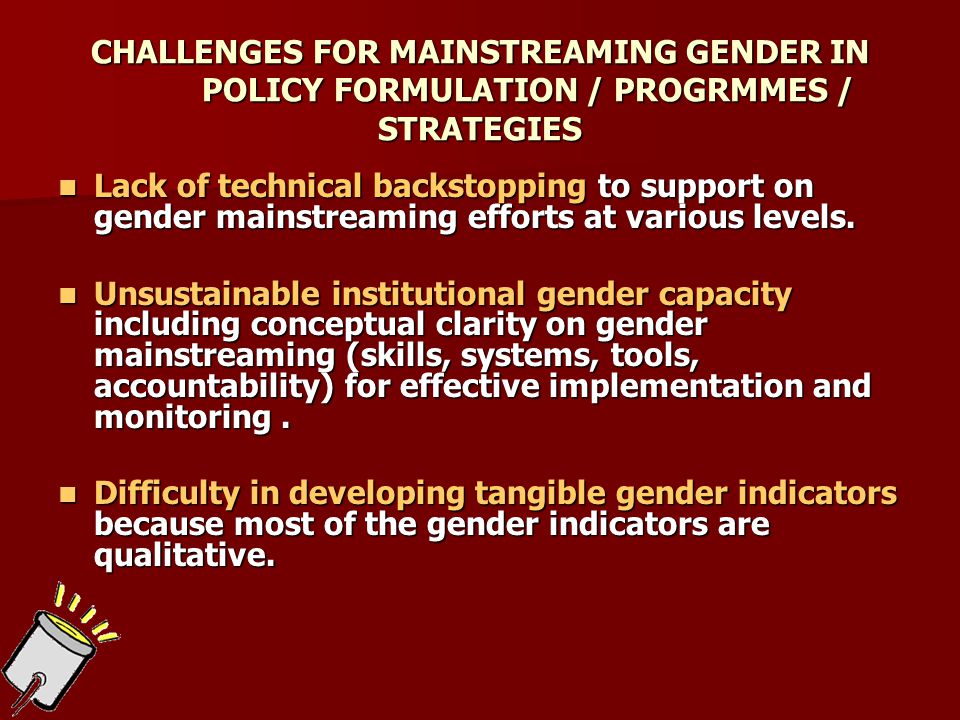 CHALLENGES FOR MAINSTREAMING GENDER IN POLICY FORMULATION / PROGRMMES / STRATEGIES Lack of technical backstopping to support on gender mainstreaming efforts at various levels.