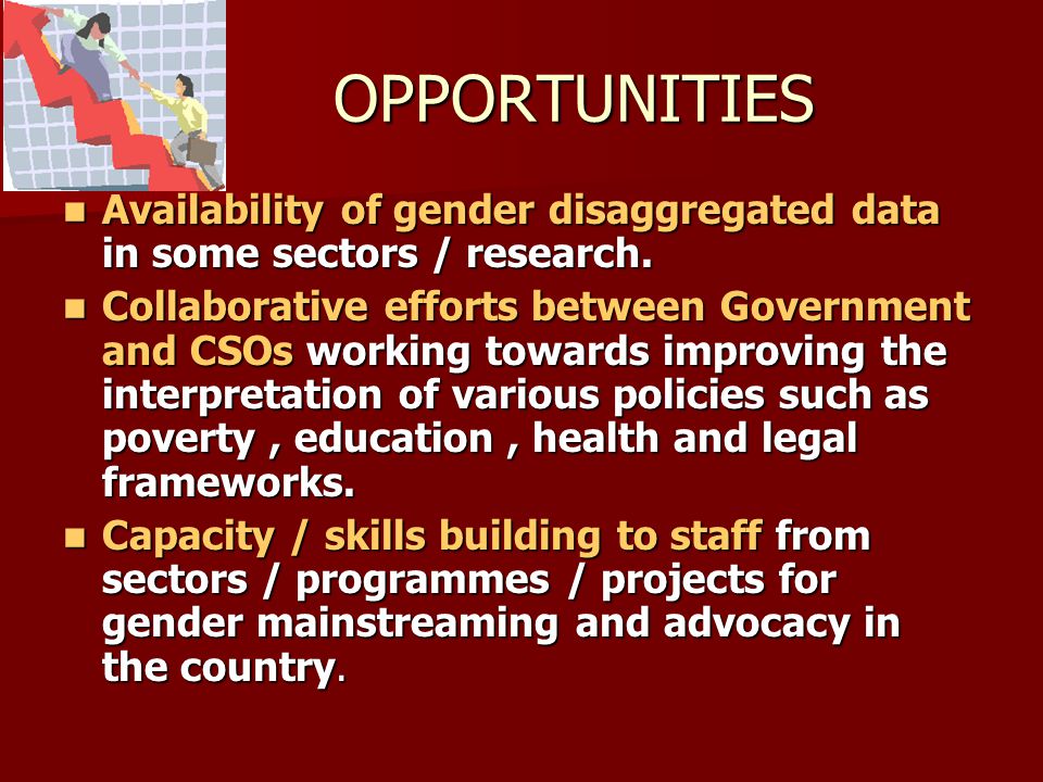 OPPORTUNITIES Availability of gender disaggregated data in some sectors / research.
