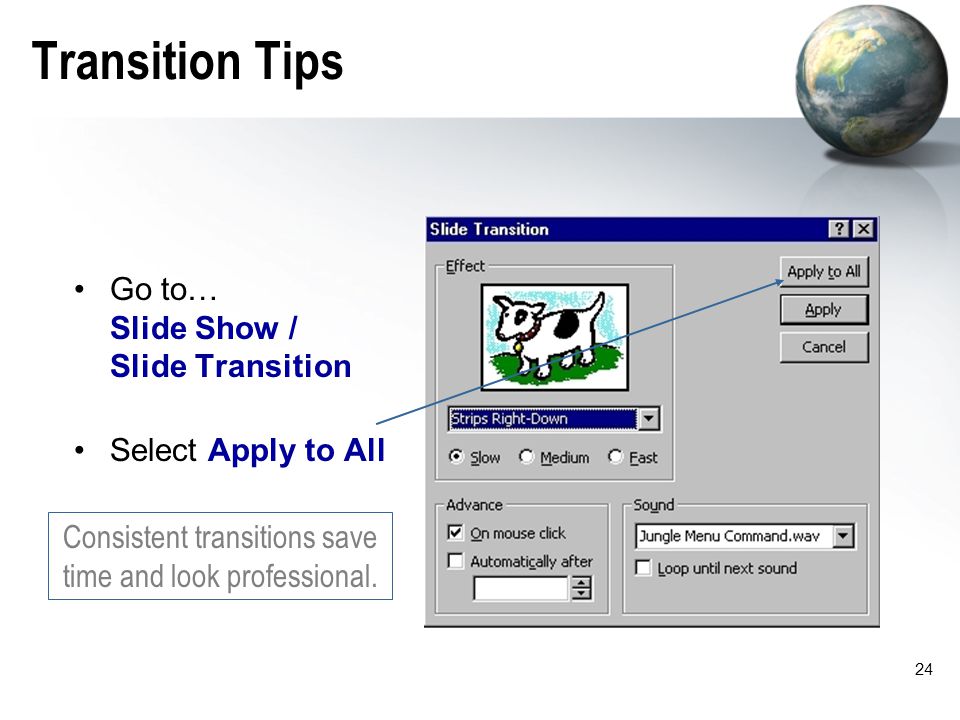 23 Adding Transitions Drive-in Effect Speed Timing Sound Effect Use the Slide Show menu  Slide Transition