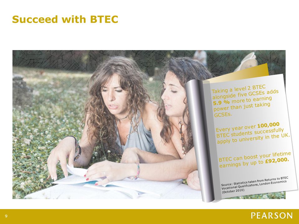 Succeed with BTEC 9 Taking a level 2 BTEC alongside five GCSEs adds 5.9 % more to earning power than just taking GCSEs.