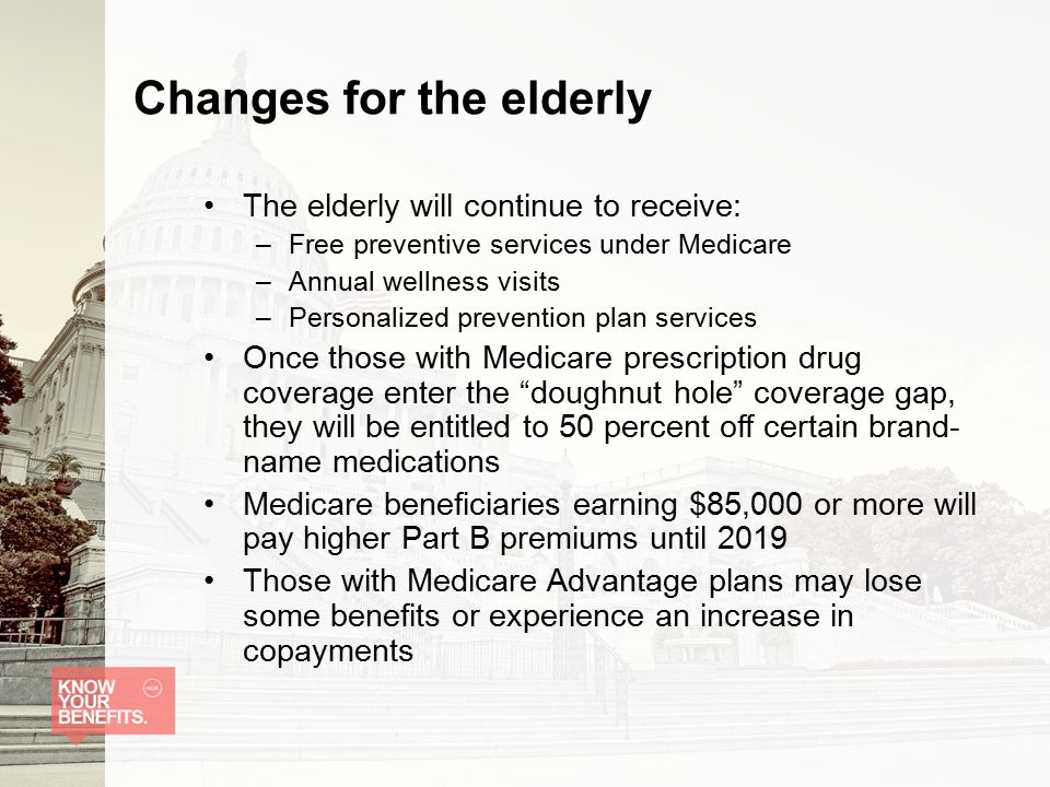 Changes for the elderly The elderly will continue to receive: –Free preventive services under Medicare –Annual wellness visits –Personalized prevention plan services Once those with Medicare prescription drug coverage enter the doughnut hole coverage gap, they will be entitled to 50 percent off certain brand- name medications Medicare beneficiaries earning $85,000 or more will pay higher Part B premiums until 2019 Those with Medicare Advantage plans may lose some benefits or experience an increase in copayments