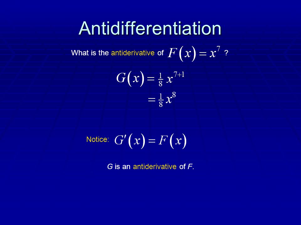 Antidifferentiation What is the antiderivative of Notice: G is an antiderivative of F.