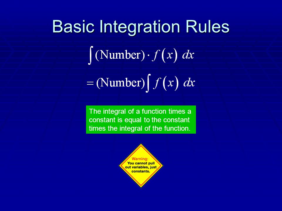Basic Integration Rules The integral of a function times a constant is equal to the constant times the integral of the function.