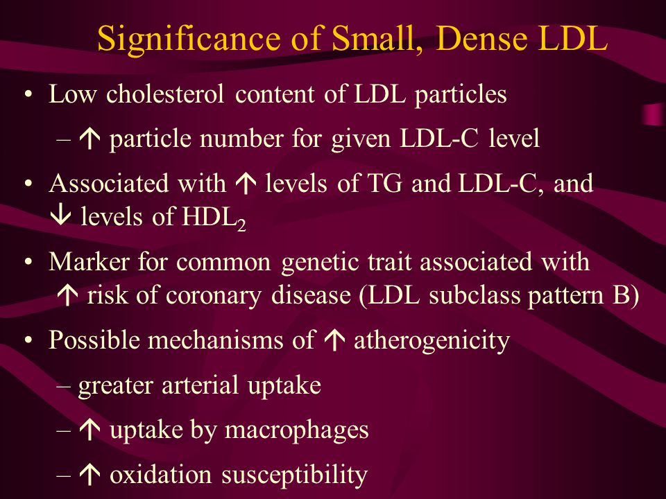 Significance of Small, Dense LDL Low cholesterol content of LDL particles –  particle number for given LDL-C level Associated with  levels of TG and LDL-C, and  levels of HDL 2 Marker for common genetic trait associated with  risk of coronary disease (LDL subclass pattern B) Possible mechanisms of  atherogenicity –greater arterial uptake –  uptake by macrophages –  oxidation susceptibility