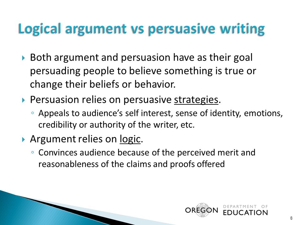  Both argument and persuasion have as their goal persuading people to believe something is true or change their beliefs or behavior.