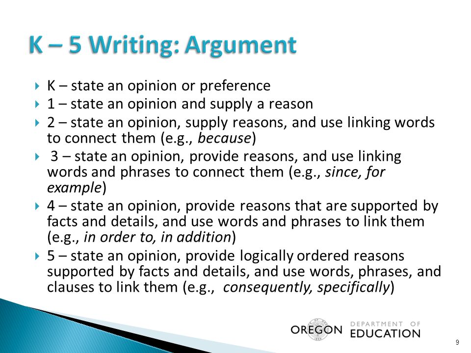  K – state an opinion or preference  1 – state an opinion and supply a reason  2 – state an opinion, supply reasons, and use linking words to connect them (e.g., because)  3 – state an opinion, provide reasons, and use linking words and phrases to connect them (e.g., since, for example)  4 – state an opinion, provide reasons that are supported by facts and details, and use words and phrases to link them (e.g., in order to, in addition)  5 – state an opinion, provide logically ordered reasons supported by facts and details, and use words, phrases, and clauses to link them (e.g., consequently, specifically) 9