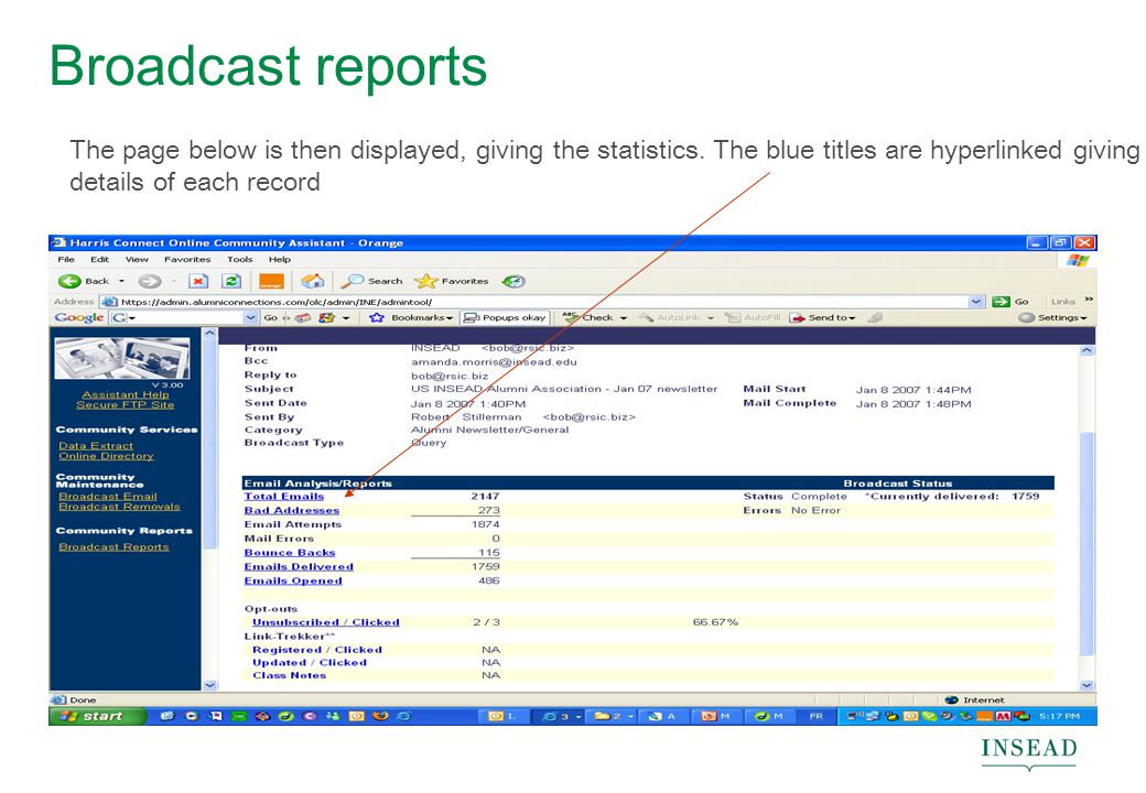 Broadcast reports The page below is then displayed, giving the statistics.