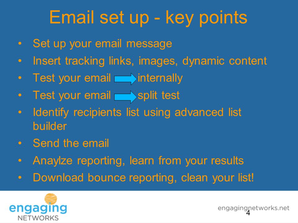 set up - key points Set up your  message Insert tracking links, images, dynamic content Test your  internally Test your  split test Identify recipients list using advanced list builder Send the  Anaylze reporting, learn from your results Download bounce reporting, clean your list.