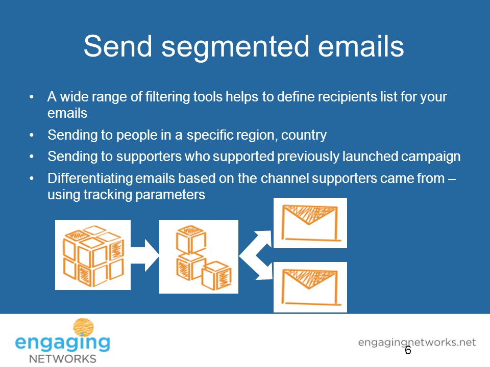 Send segmented  s A wide range of filtering tools helps to define recipients list for your  s Sending to people in a specific region, country Sending to supporters who supported previously launched campaign Differentiating  s based on the channel supporters came from – using tracking parameters 6