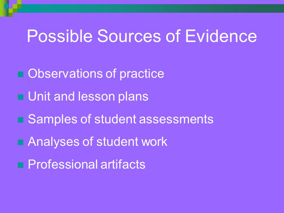 Possible Sources of Evidence Observations of practice Unit and lesson plans Samples of student assessments Analyses of student work Professional artifacts