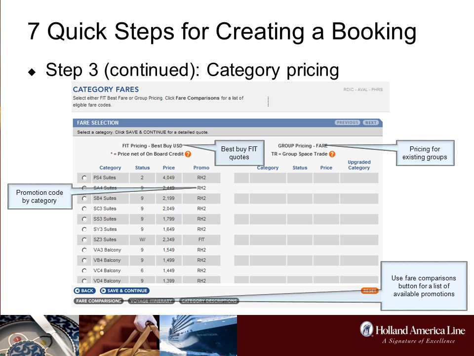 7 Quick Steps for Creating a Booking  Step 3 (continued): Category pricing Best buy FIT quotes Promotion code by category Pricing for existing groups Use fare comparisons button for a list of available promotions