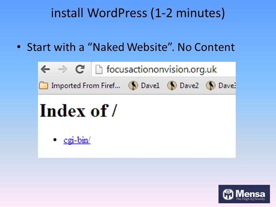 install WordPress (1-2 minutes) Start with a Naked Website . No Content