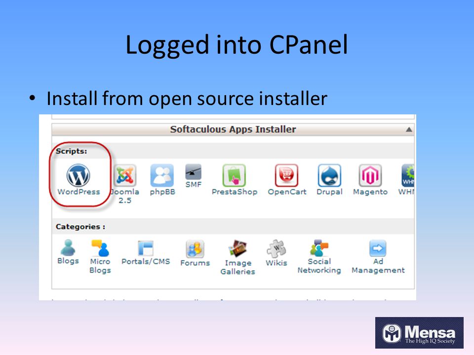 Logged into CPanel Install from open source installer