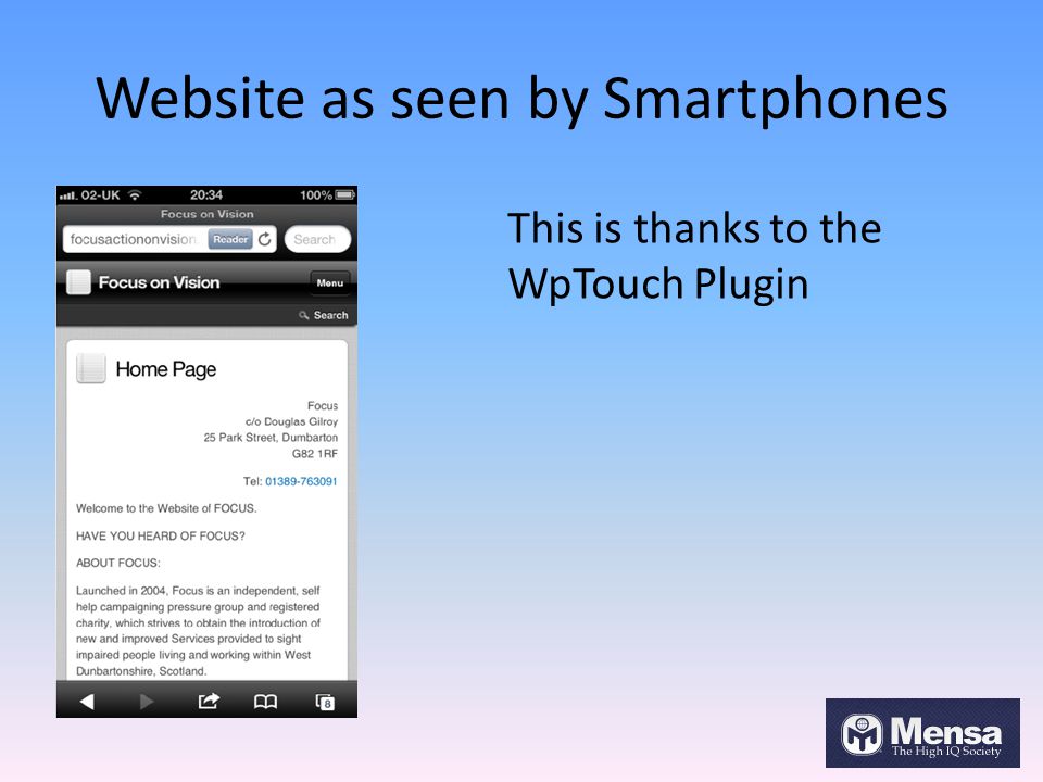 Website as seen by Smartphones This is thanks to the WpTouch Plugin