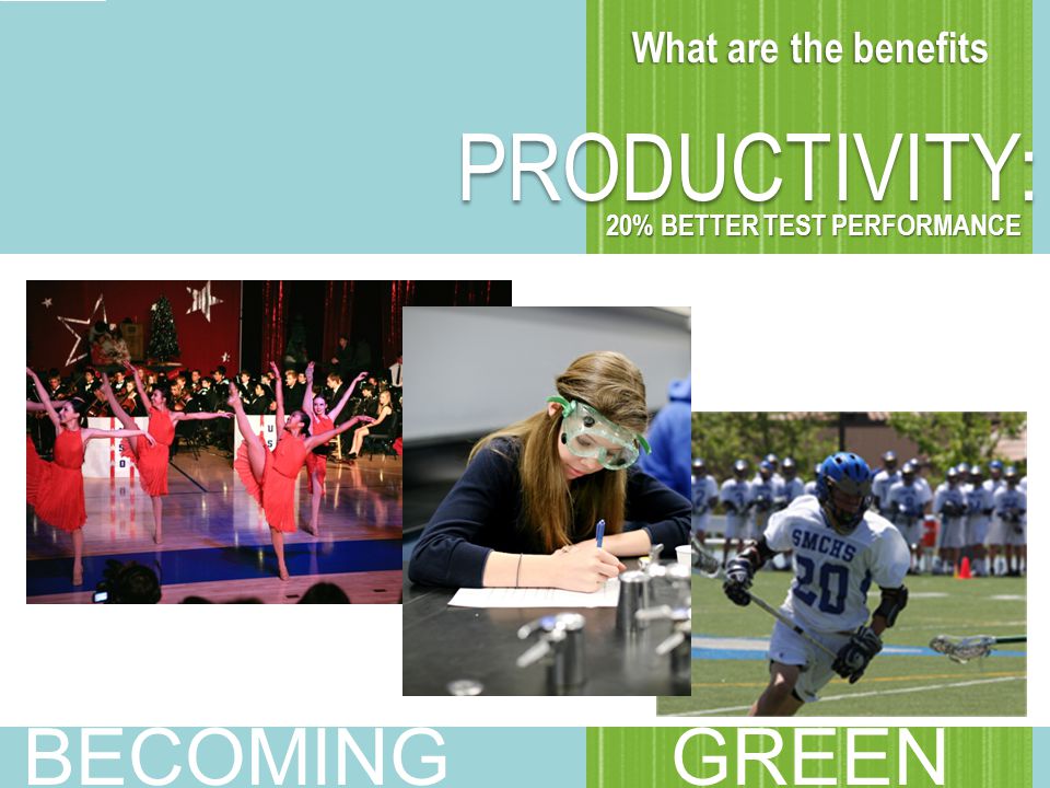 PRODUCTIVITY: 20% BETTER TEST PERFORMANCE BECOMING GREEN What are the benefits