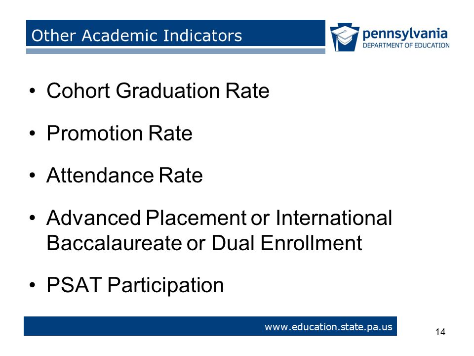 14   > Other Academic Indicators 14 Cohort Graduation Rate Promotion Rate Attendance Rate Advanced Placement or International Baccalaureate or Dual Enrollment PSAT Participation