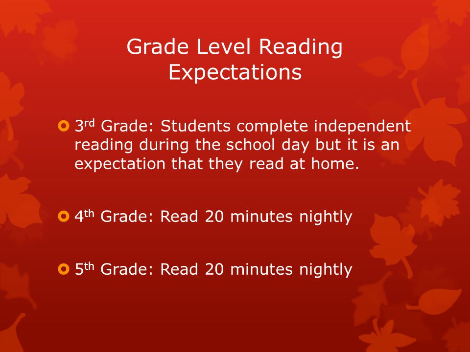 Grade Level Reading Expectations  3 rd Grade: Students complete independent reading during the school day but it is an expectation that they read at home.