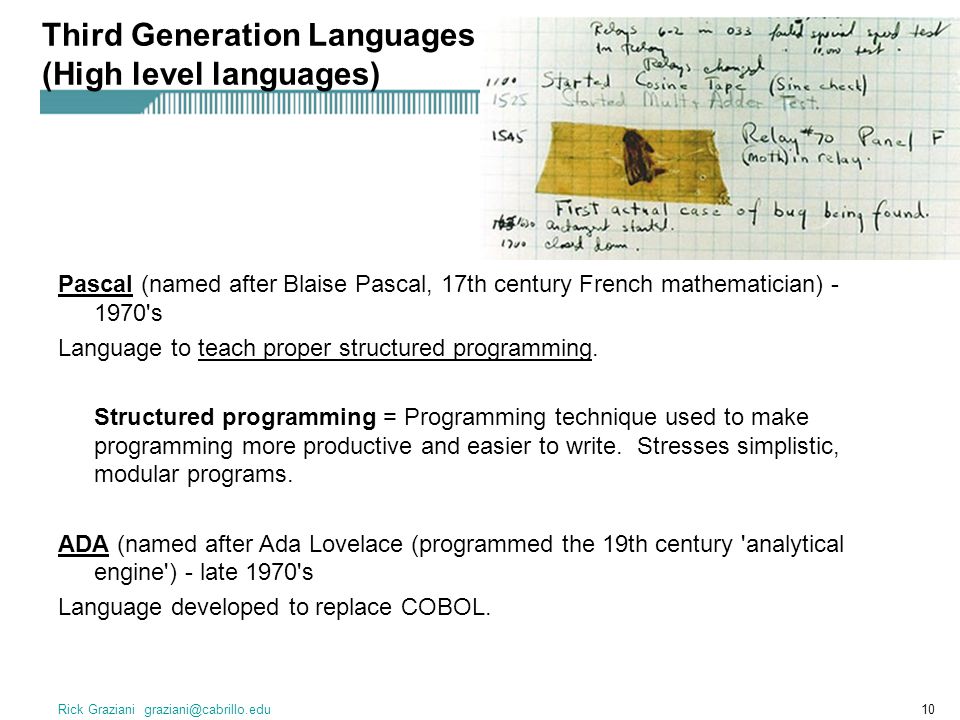 Rick Graziani Pascal (named after Blaise Pascal, 17th century French mathematician) s Language to teach proper structured programming.
